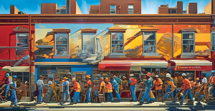 A colorful mural showcasing workers and their struggles in an urban environment, with bright colors and dynamic lighting.