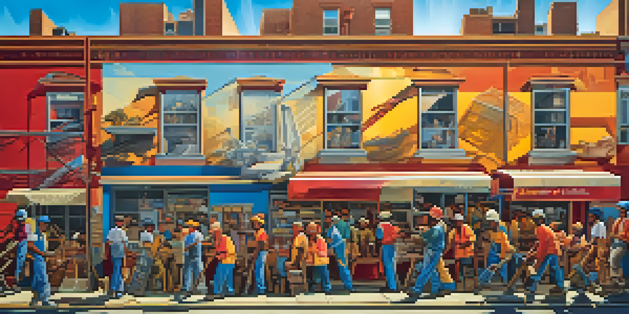 A colorful mural showcasing workers and their struggles in an urban environment, with bright colors and dynamic lighting.