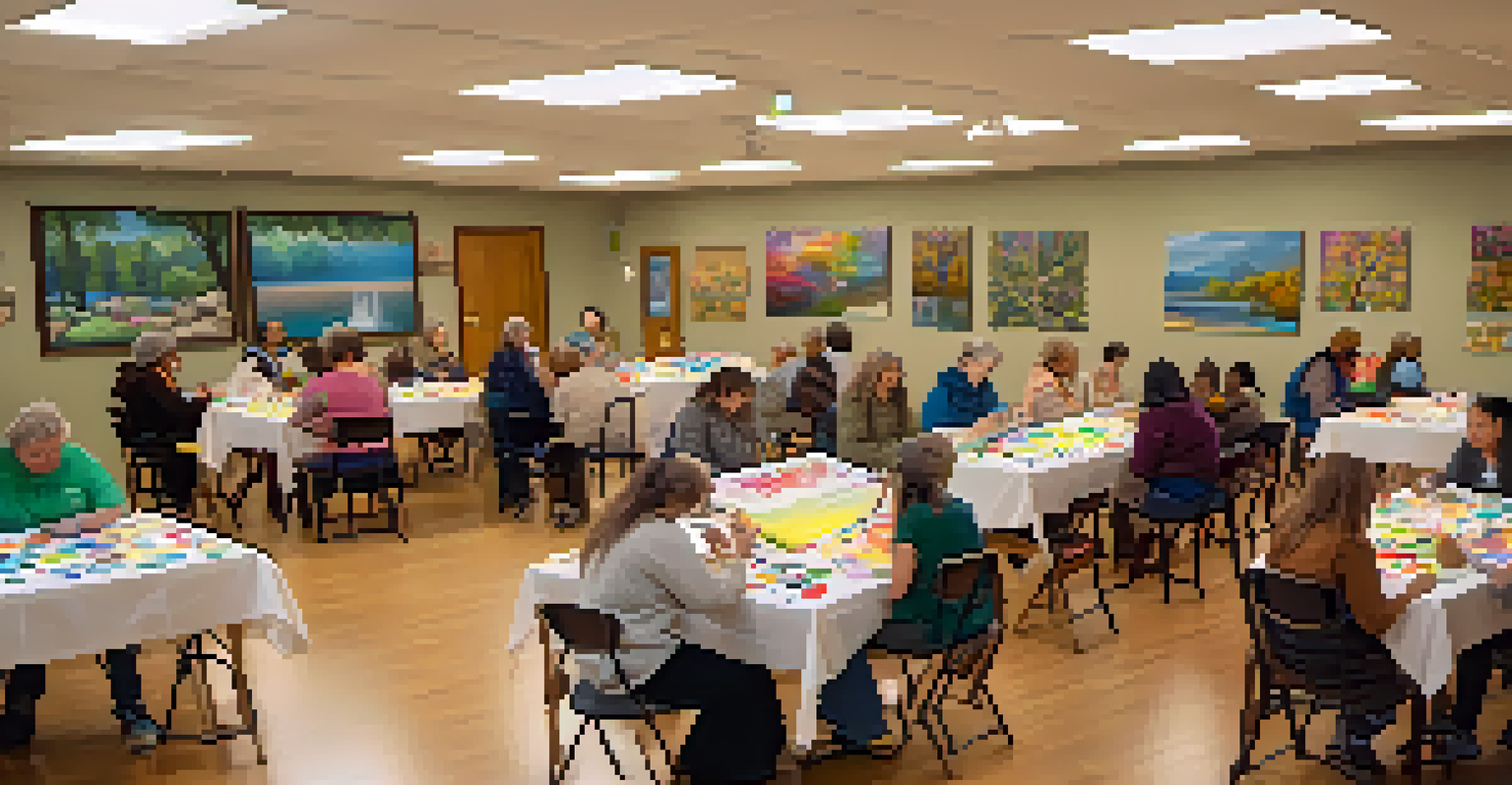 A peaceful art therapy session in a community center with participants painting and creating art in a warm environment.