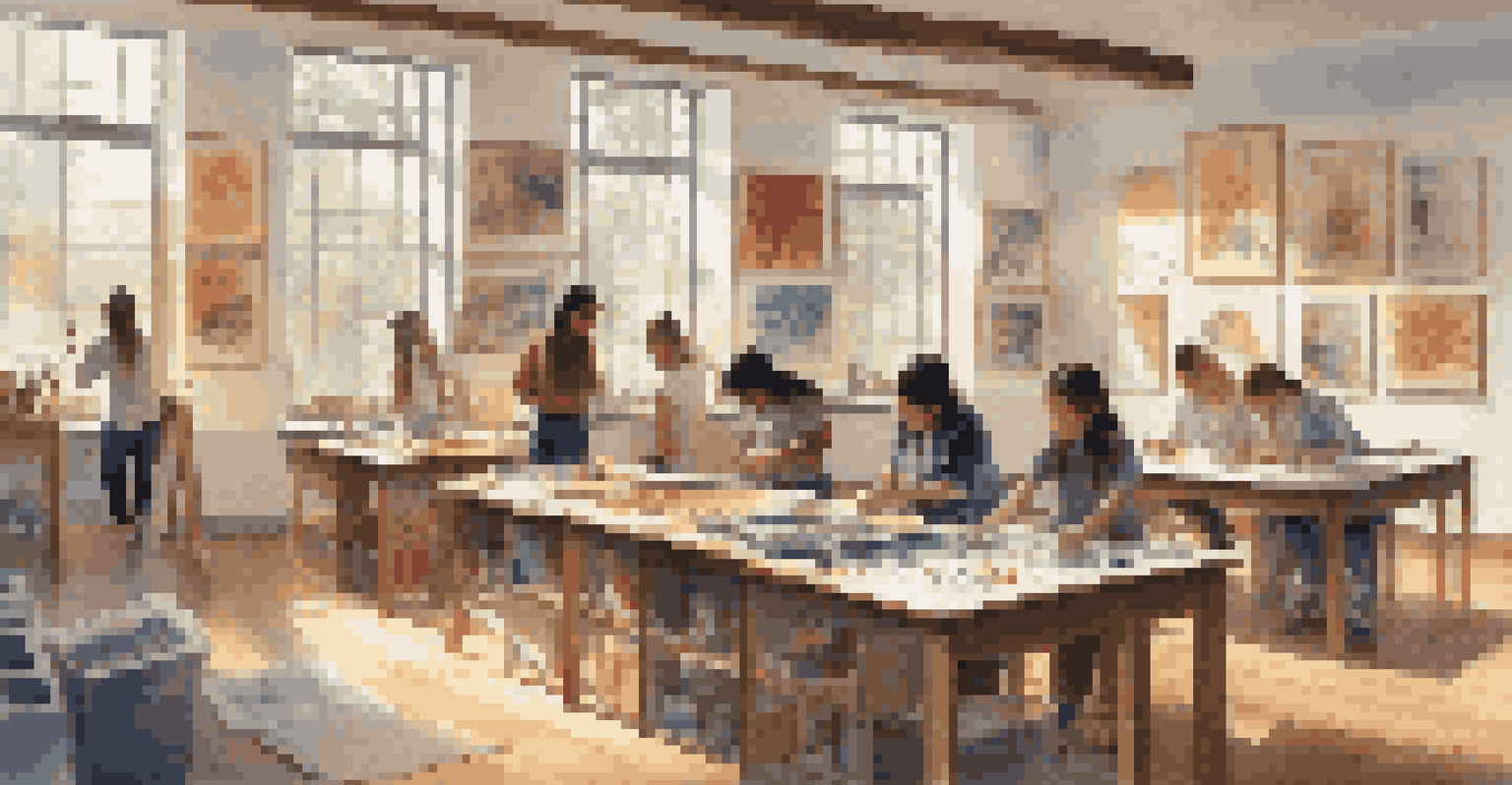 An art classroom where students are creating artworks inspired by various cultures, surrounded by art supplies and examples of global art styles, with sunlight streaming in.