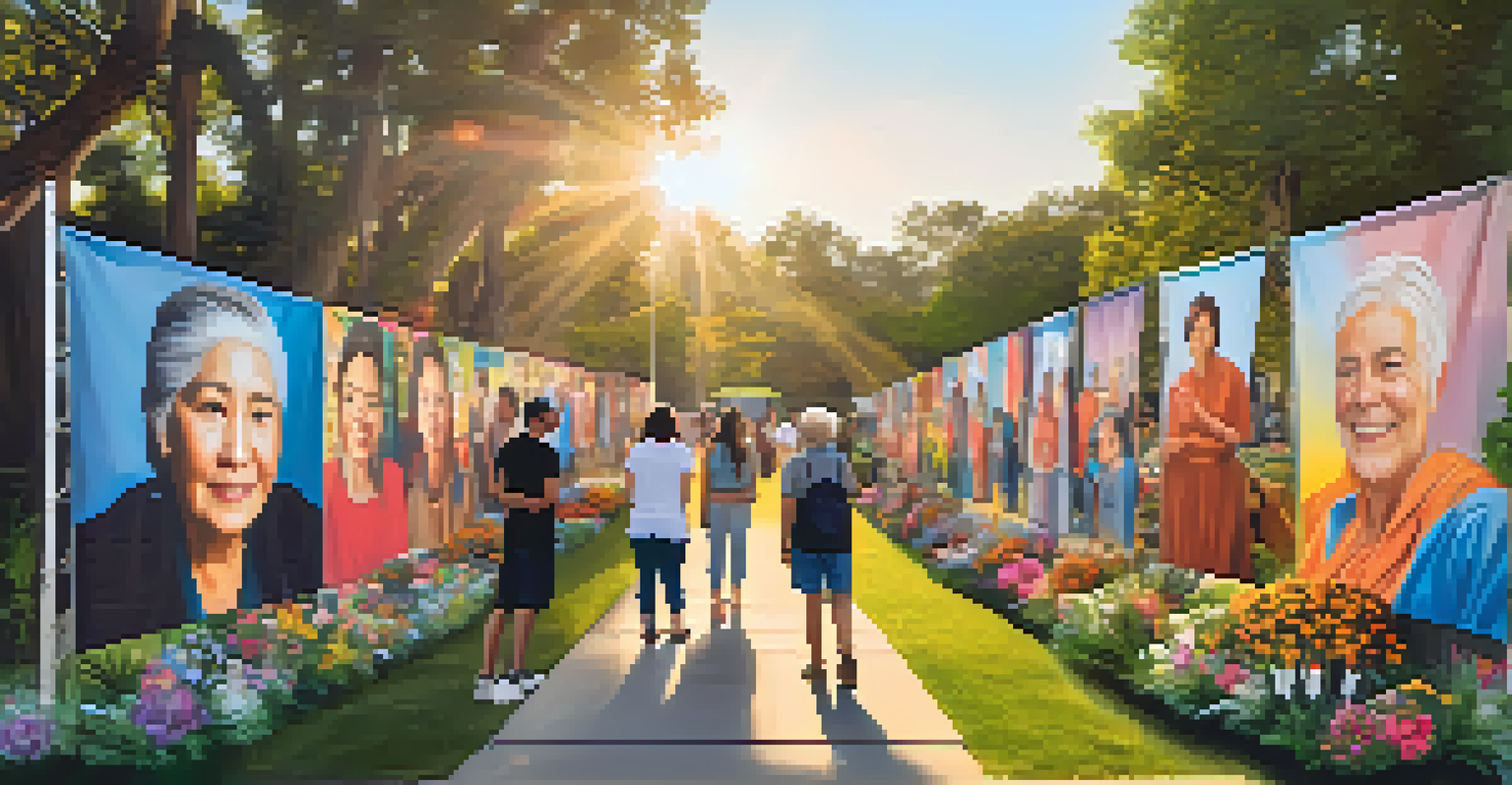 An outdoor display of large portraits showcasing local residents, with community members engaging and appreciating the art.