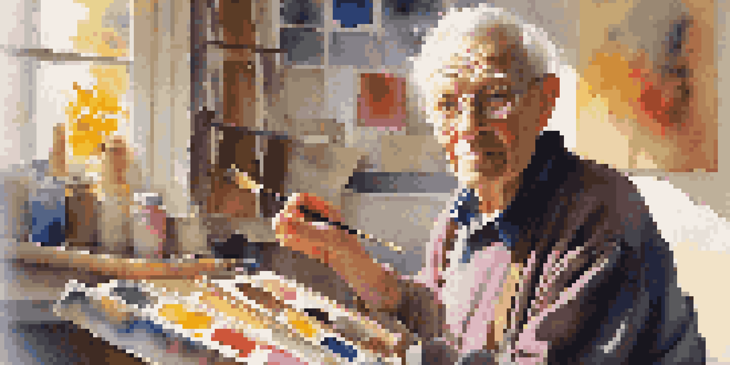An elderly artist in a bright studio, holding a paintbrush and surrounded by colorful art, illuminated by sunlight.