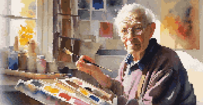An elderly artist in a bright studio, holding a paintbrush and surrounded by colorful art, illuminated by sunlight.