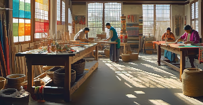 A bright workshop where artisans are creating traditional crafts, surrounded by colorful fabrics and wooden tools, with warm light illuminating the space.
