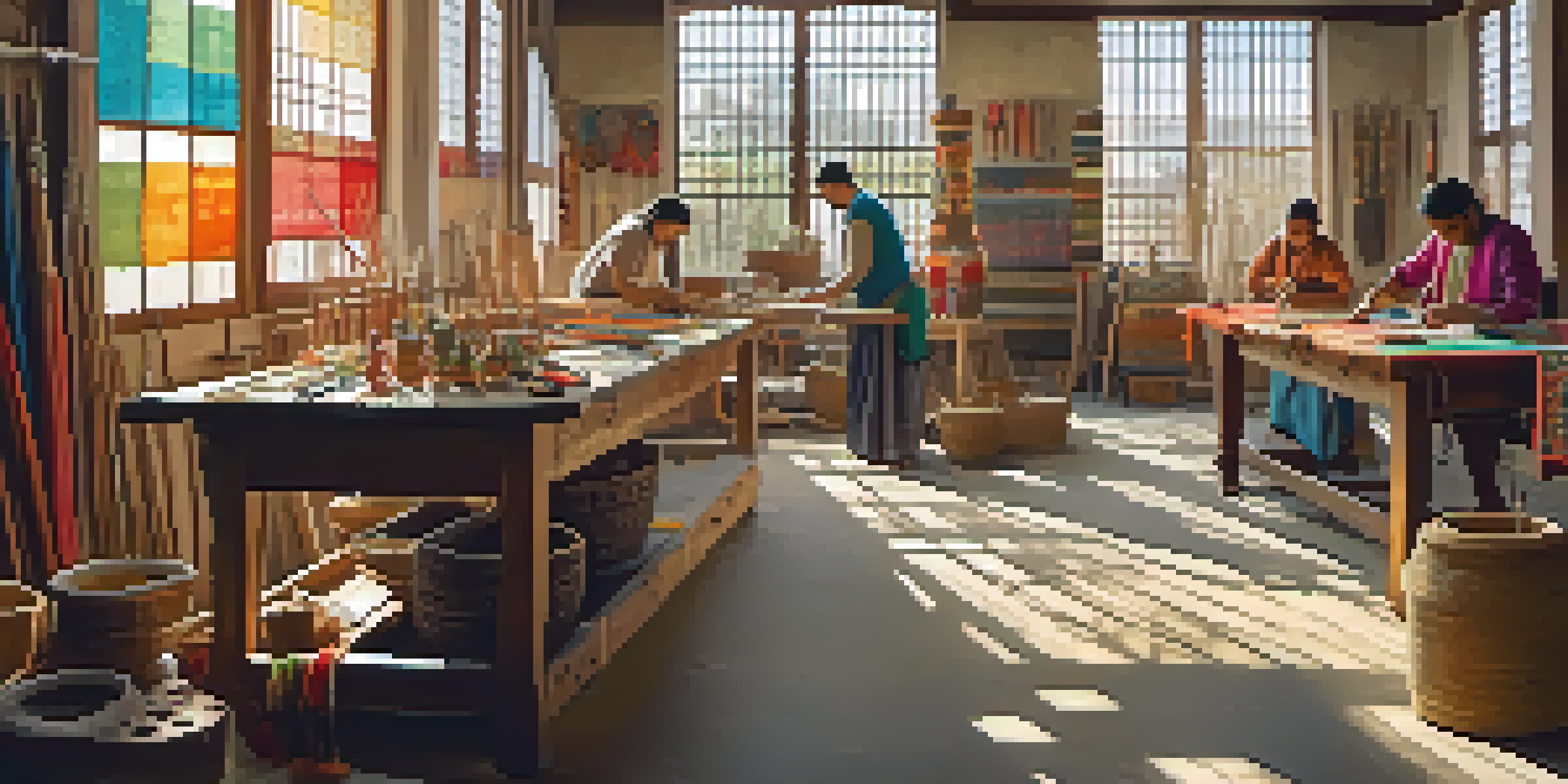 A bright workshop where artisans are creating traditional crafts, surrounded by colorful fabrics and wooden tools, with warm light illuminating the space.