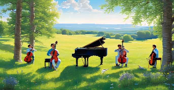 A peaceful meadow with musicians playing instruments, surrounded by vibrant flowers and trees under a clear blue sky.