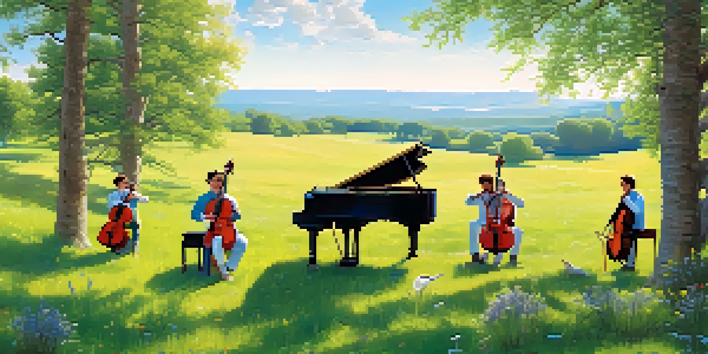 A peaceful meadow with musicians playing instruments, surrounded by vibrant flowers and trees under a clear blue sky.