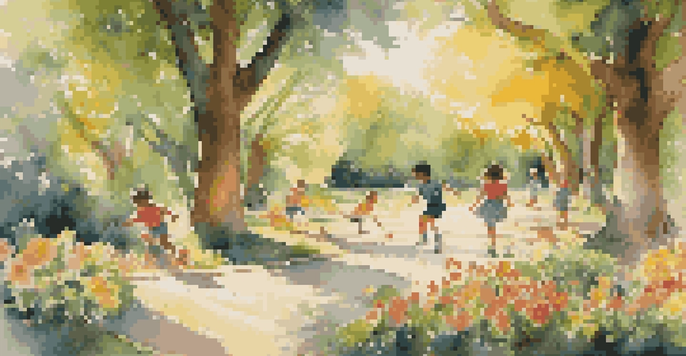 A colorful mural of children playing in a sunny park, surrounded by trees and flowers, evoking a sense of joy and nostalgia.