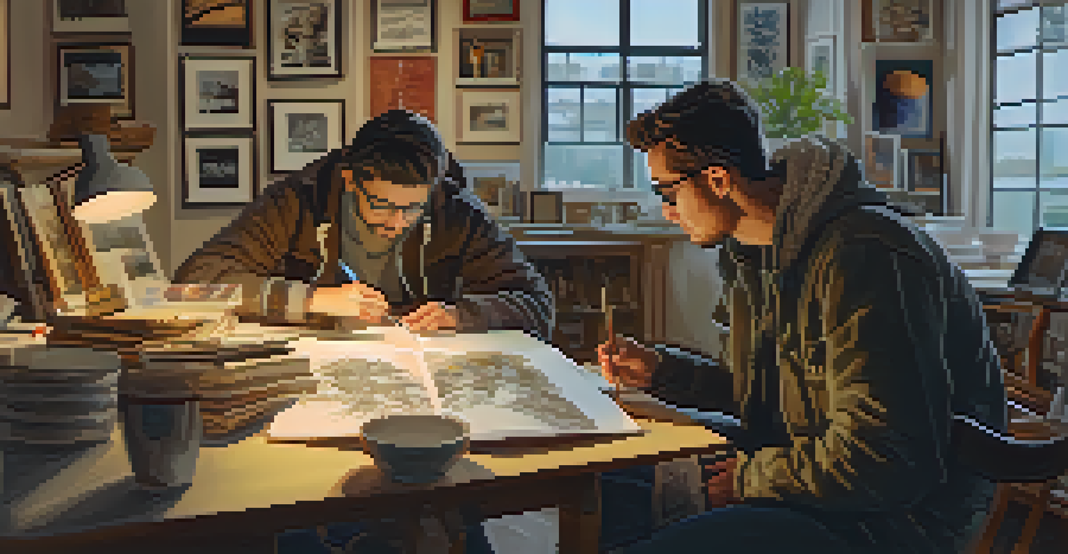 Two artists collaborating in a cozy studio filled with sketchbooks and art on the walls.
