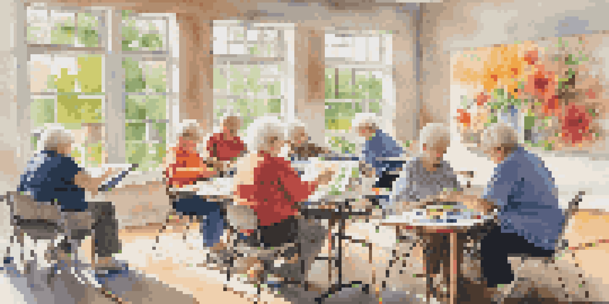 A group of older adults participating in a bright art class, painting on canvases with vibrant colors, surrounded by inspiring artworks on the walls.