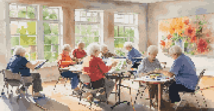 A group of older adults participating in a bright art class, painting on canvases with vibrant colors, surrounded by inspiring artworks on the walls.