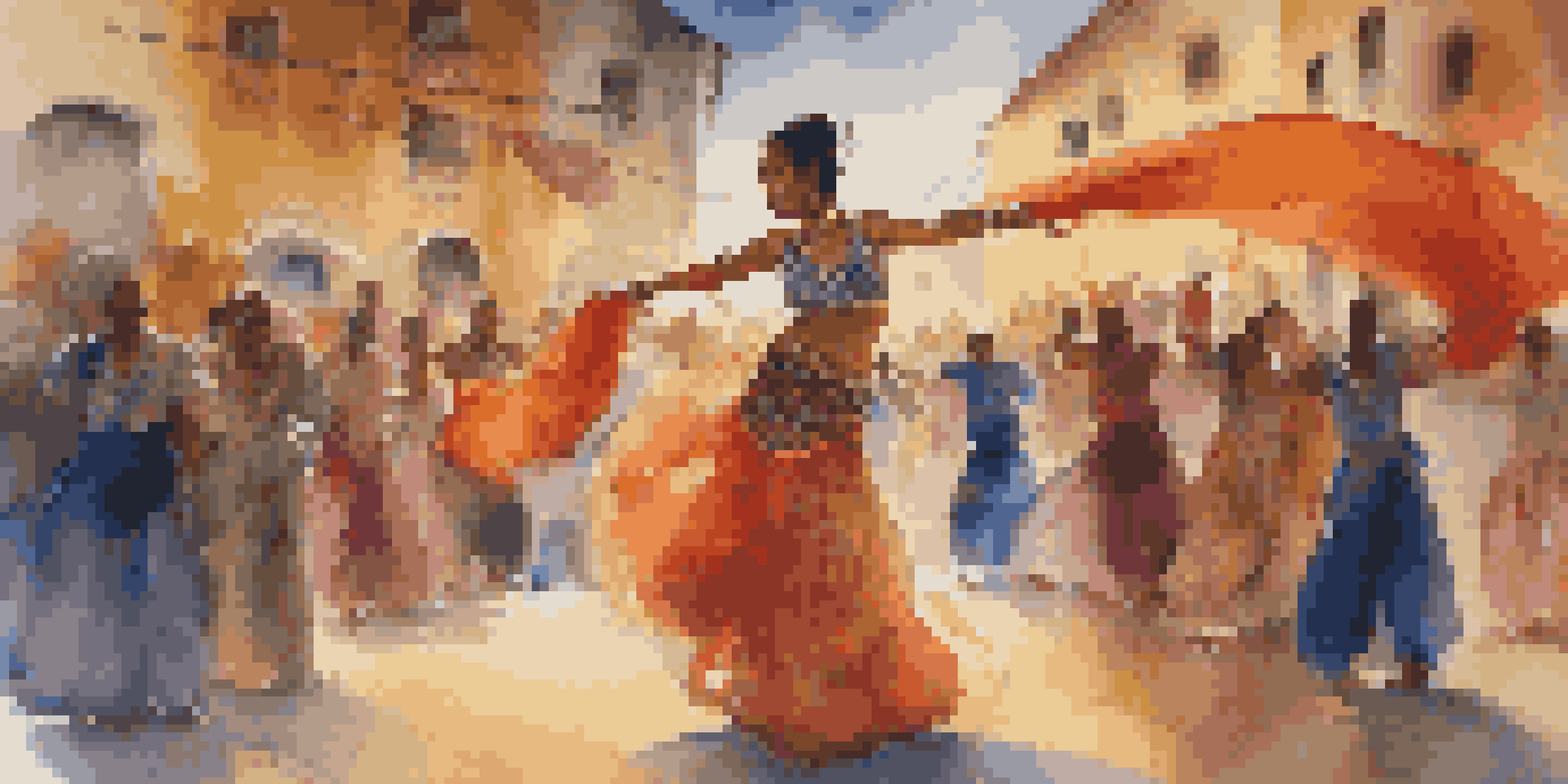 A performance artist dressed in colorful, flowing fabrics expresses emotion in front of a diverse audience, with warm lighting illuminating the scene.