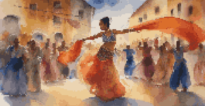 A performance artist dressed in colorful, flowing fabrics expresses emotion in front of a diverse audience, with warm lighting illuminating the scene.