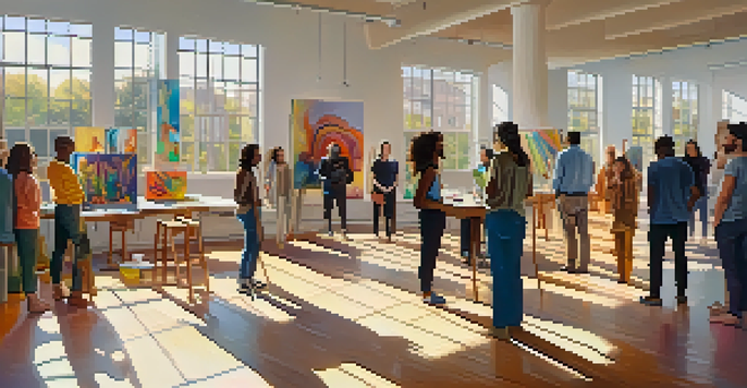 A diverse group of artists having a meeting in a bright studio filled with colorful artworks, with sunlight streaming through large windows.