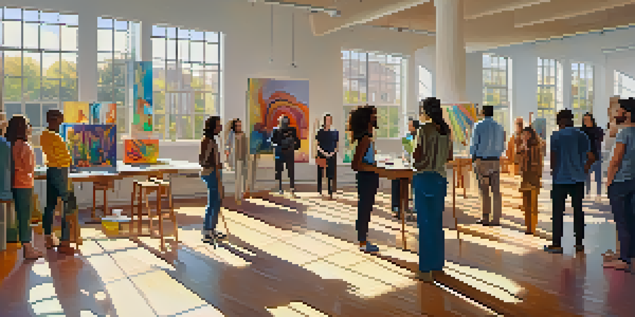 A diverse group of artists having a meeting in a bright studio filled with colorful artworks, with sunlight streaming through large windows.