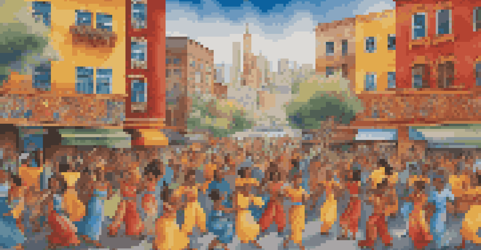 A colorful mural depicting a cultural celebration with diverse figures in an urban setting.