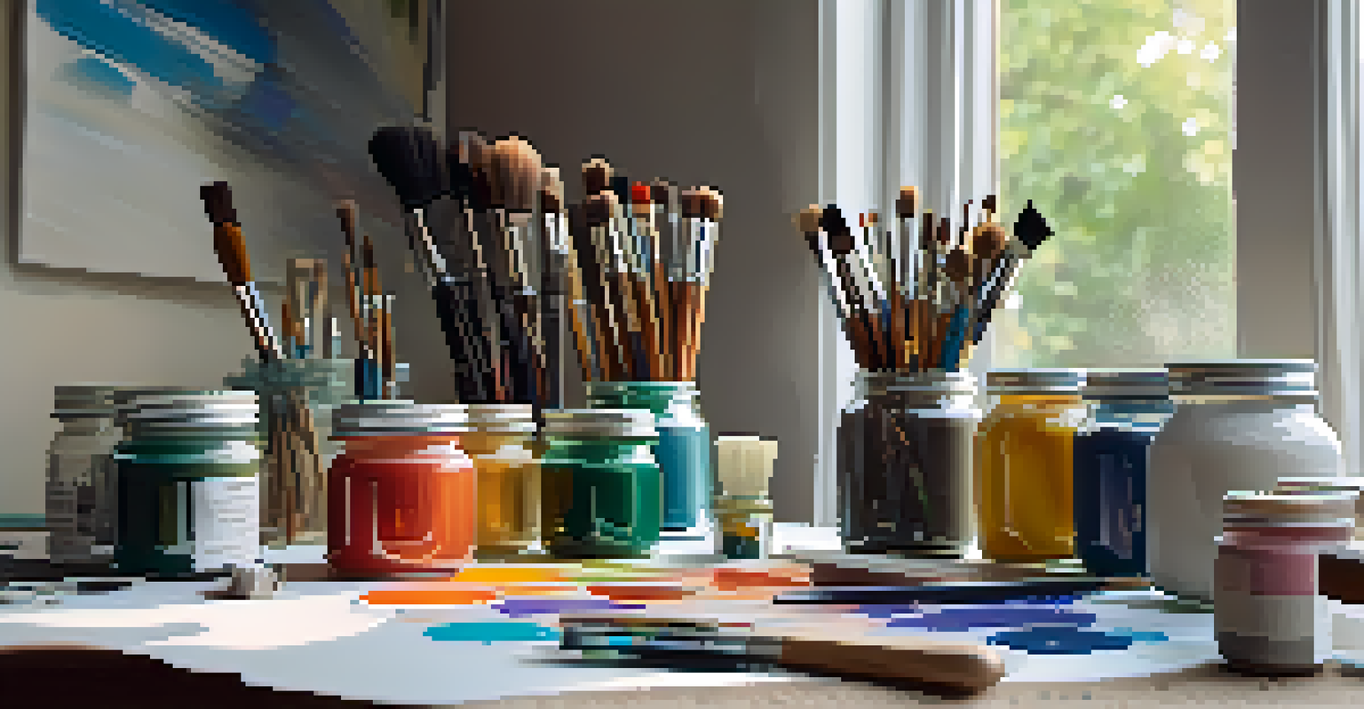 An artist's workspace with eco-friendly paints and tools, bathed in natural light, showcasing creativity and sustainability.