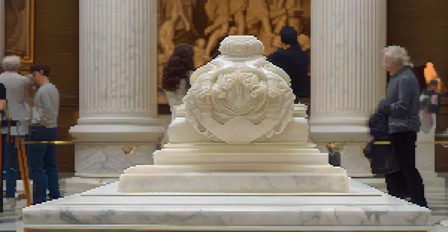 A close-up of a marble sculpture with intricate details, softly illuminated, and blurred museum visitors in the background.