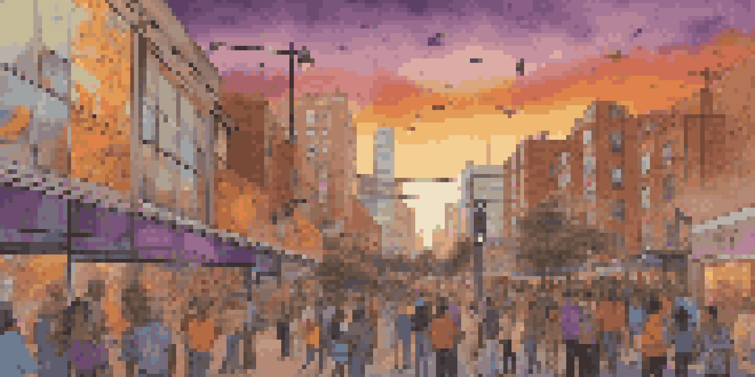 A colorful urban mural featuring local wildlife and abstract patterns, with community members painting and taking photos, set against a city skyline at sunset.