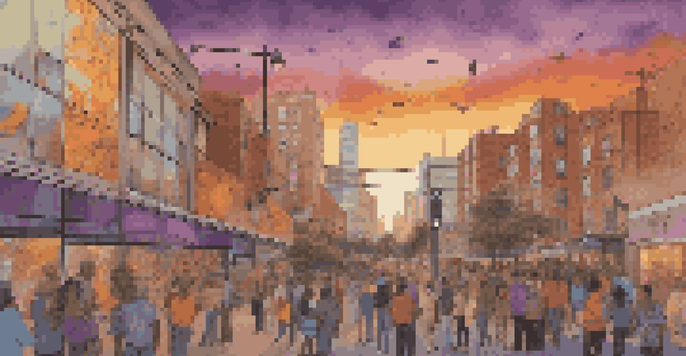 A colorful urban mural featuring local wildlife and abstract patterns, with community members painting and taking photos, set against a city skyline at sunset.