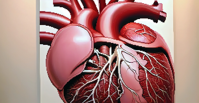 An anatomical illustration of the human heart, showing its structures and veins in vivid colors.