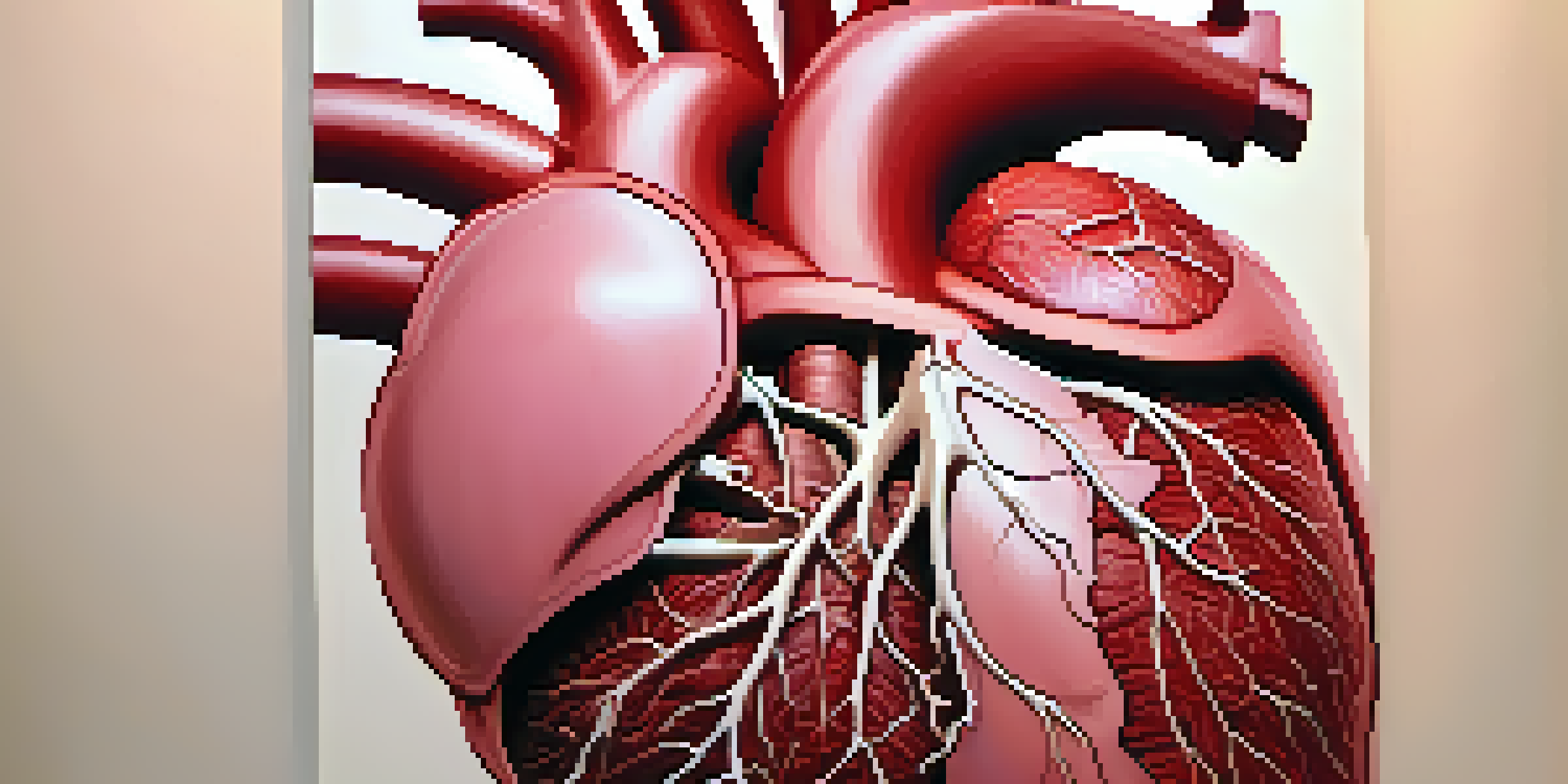An anatomical illustration of the human heart, showing its structures and veins in vivid colors.