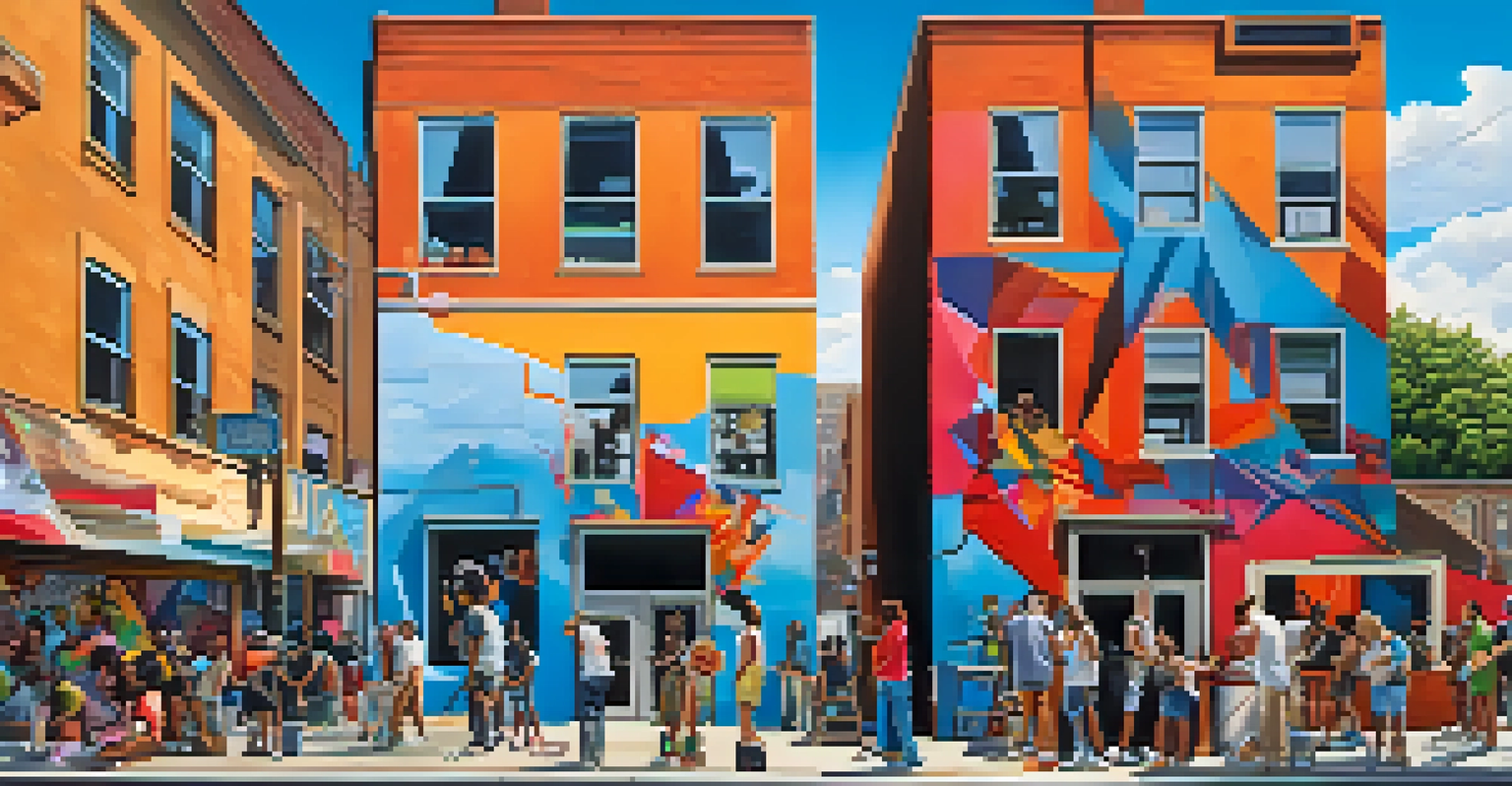 A lively urban scene with diverse artists creating street art against colorful murals.