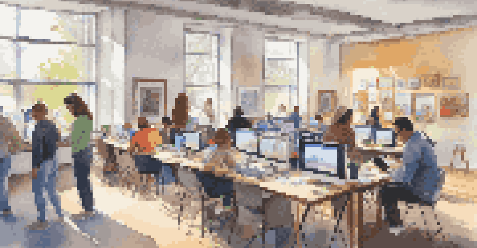 A community workshop with people documenting local artworks using tablets and computers, surrounded by colorful art and bright natural light.