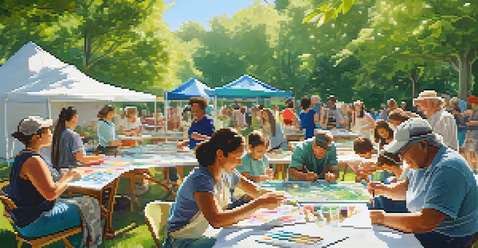 A lively community art workshop in a park, with people of different ages creating art together under a tent, surrounded by greenery and colorful art displays.