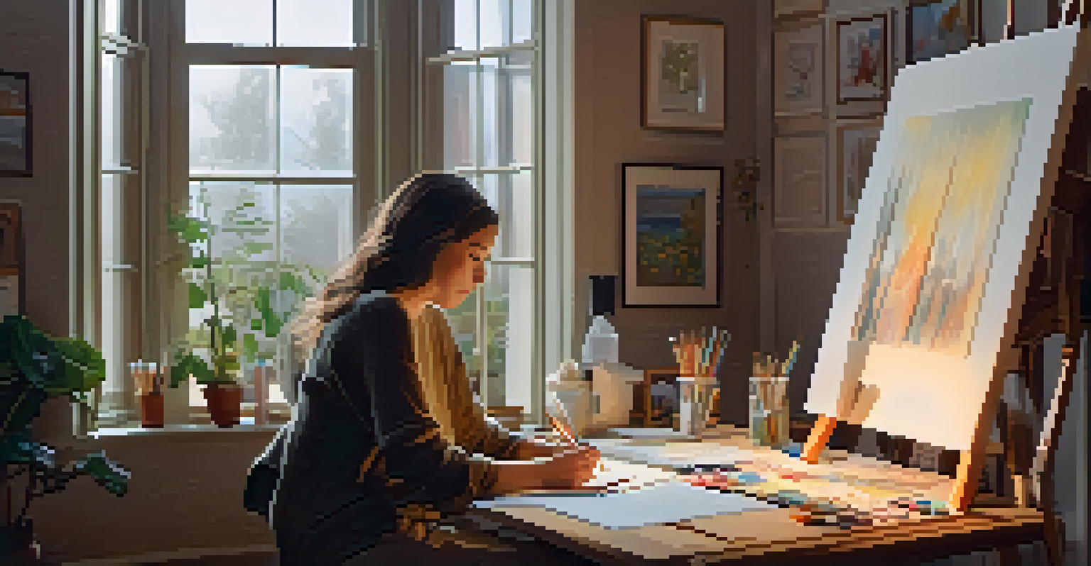 A person engaged in art therapy in a cozy room, surrounded by art supplies and calming artworks.