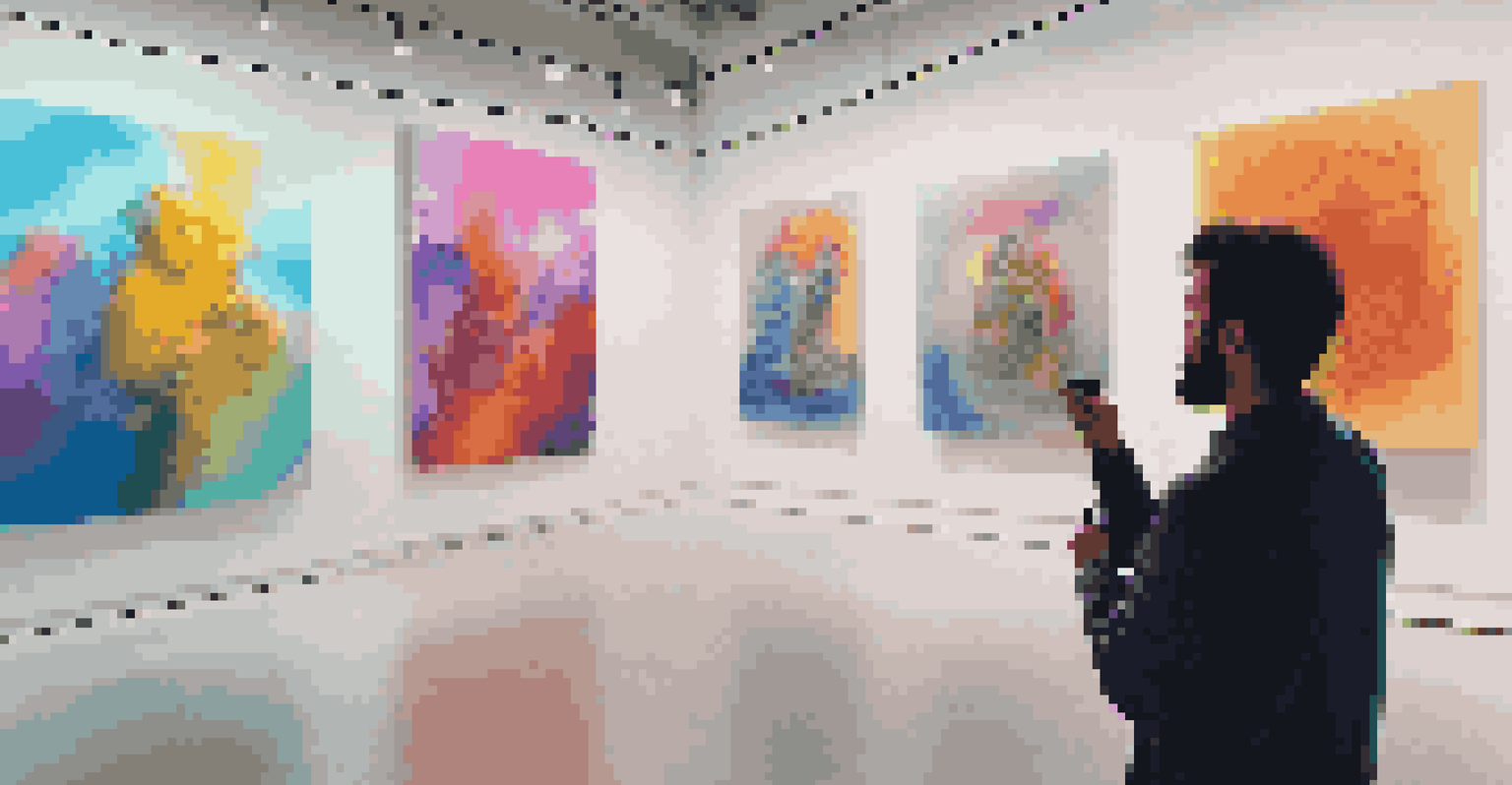 An artist using augmented reality in a gallery, showcasing animated digital overlays on a sculpture.