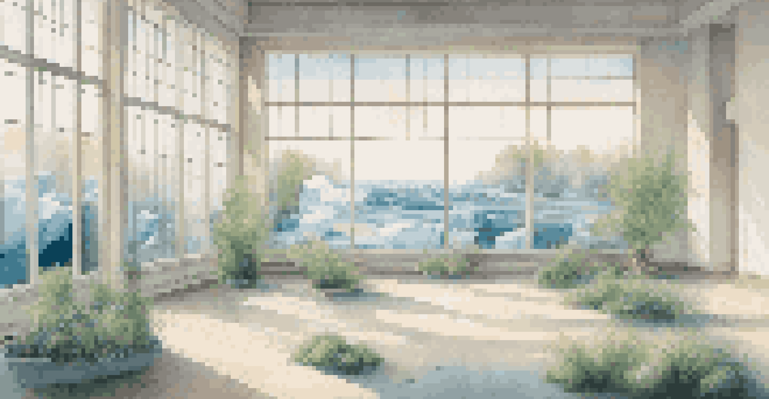 A gallery with a large painting depicting climate change effects, featuring melting icebergs and wilting plants, illuminated by natural light.