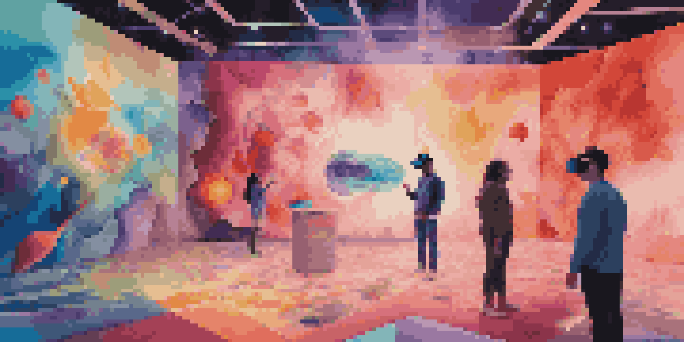 A colorful virtual reality art installation with abstract shapes and interactive elements, featuring dynamic lighting and engaged viewers.