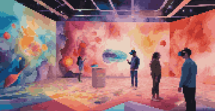 A colorful virtual reality art installation with abstract shapes and interactive elements, featuring dynamic lighting and engaged viewers.