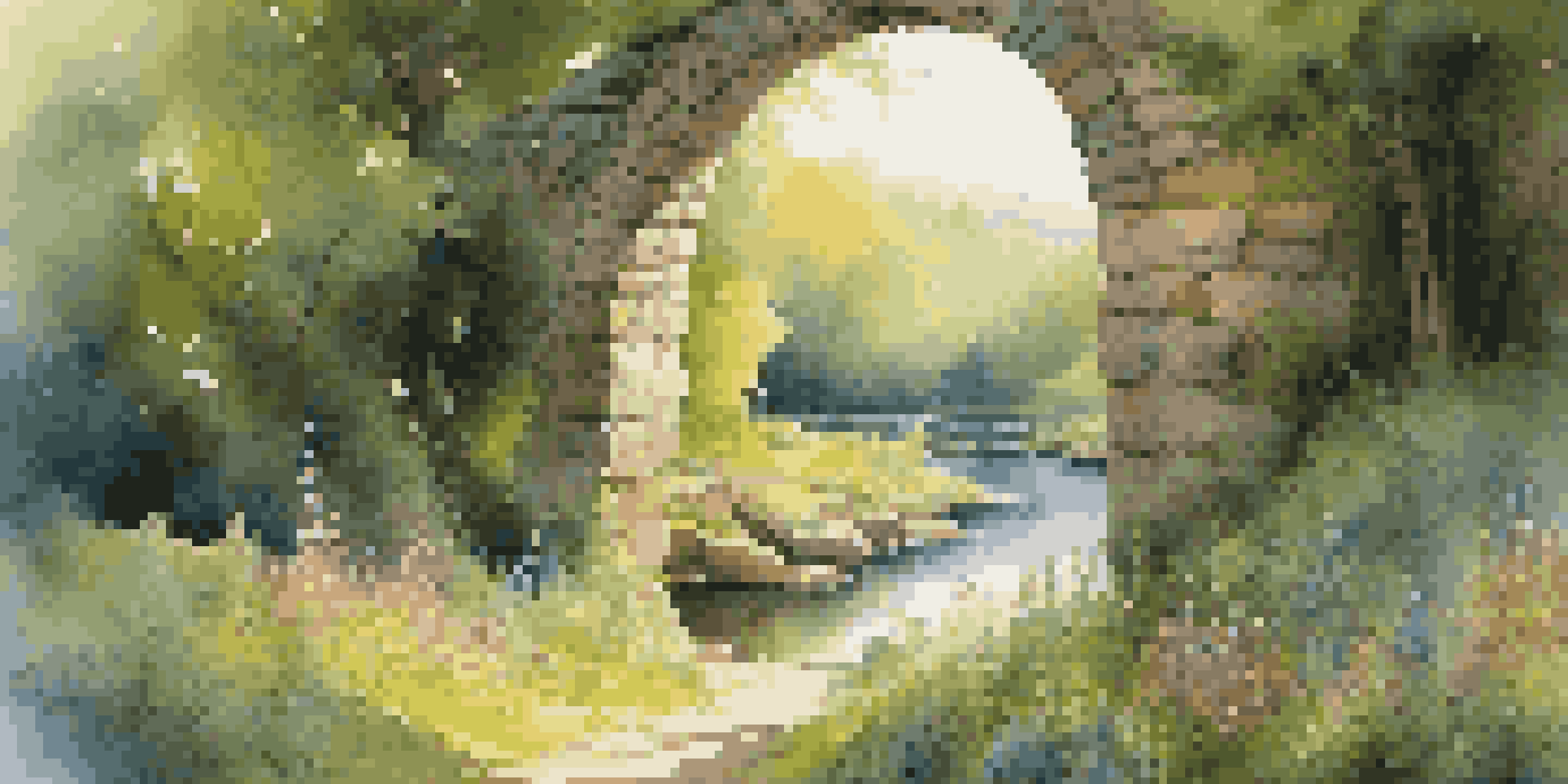 A picturesque landscape with an ancient moss-covered stone archway, colorful wildflowers, and a flowing river under golden sunlight.