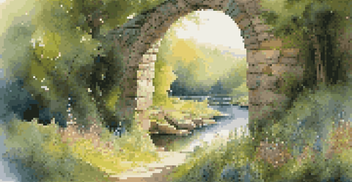 A picturesque landscape with an ancient moss-covered stone archway, colorful wildflowers, and a flowing river under golden sunlight.