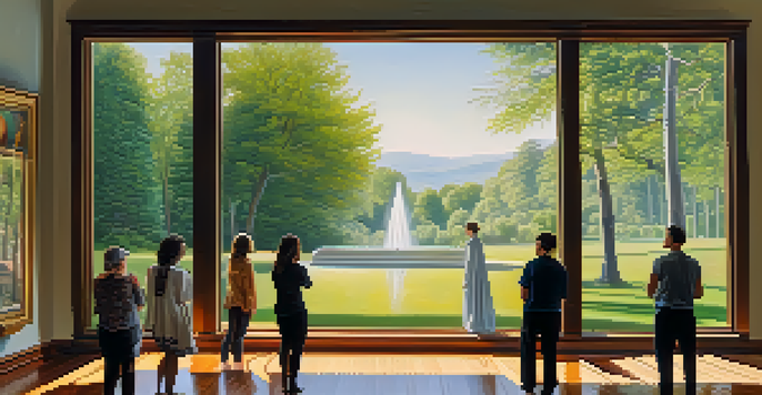 A gallery with a vibrant landscape painting, sunlight illuminating the space, and art enthusiasts admiring the artwork.