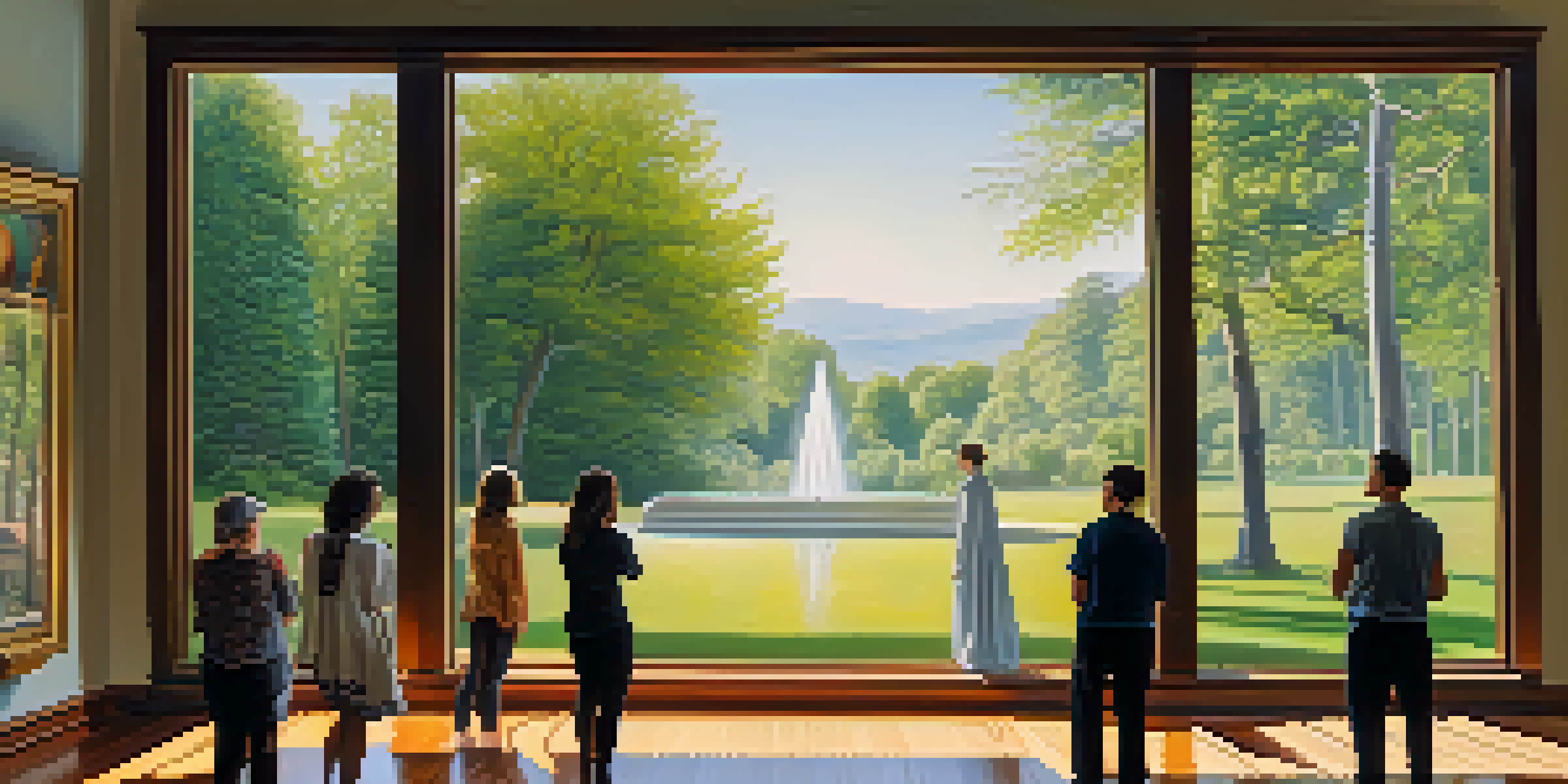 A gallery with a vibrant landscape painting, sunlight illuminating the space, and art enthusiasts admiring the artwork.