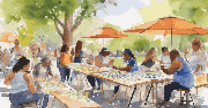 A diverse group of people participating in a community art workshop outdoors, creating colorful paintings and enjoying a collaborative atmosphere.
