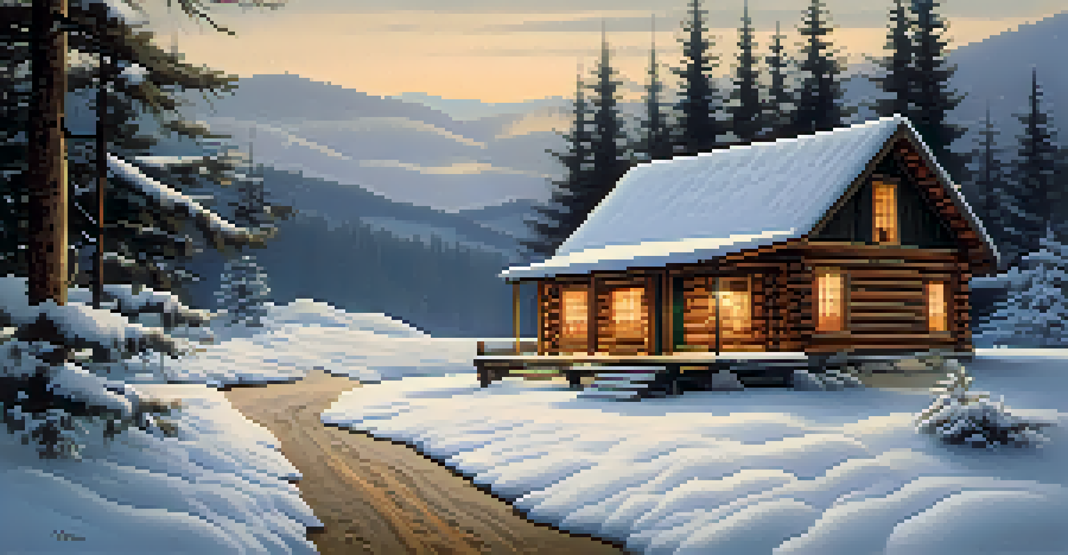 A snowy landscape with a cozy cabin surrounded by pine trees and footprints leading through the snow, under a cloudy sky.