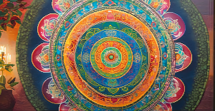 A detailed Tibetan Buddhist mandala with vibrant colors, set in a peaceful meditation space, radiating warmth and tranquility.