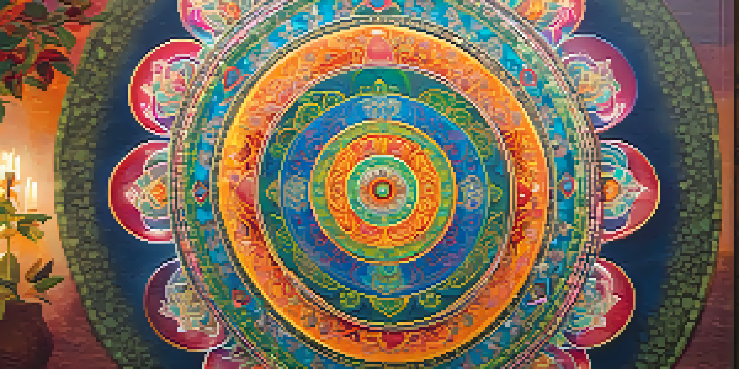 A detailed Tibetan Buddhist mandala with vibrant colors, set in a peaceful meditation space, radiating warmth and tranquility.