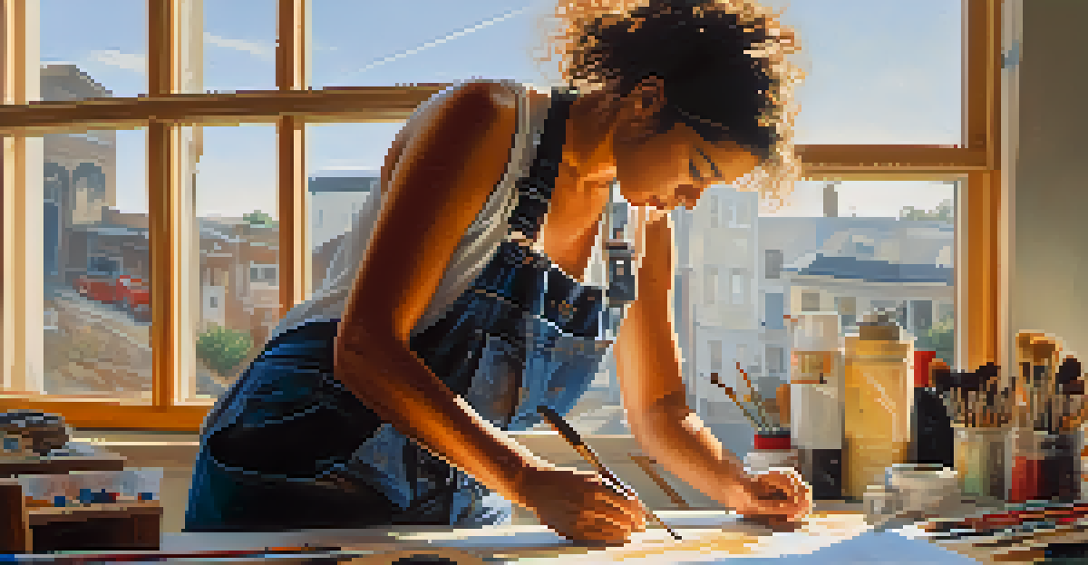 An artist painting a powerful scene of workers' struggle in a sunlit studio filled with art supplies.