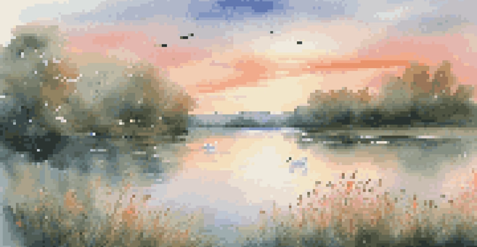 A peaceful lake scene with swans during sunset, surrounded by colorful flowers and greenery.