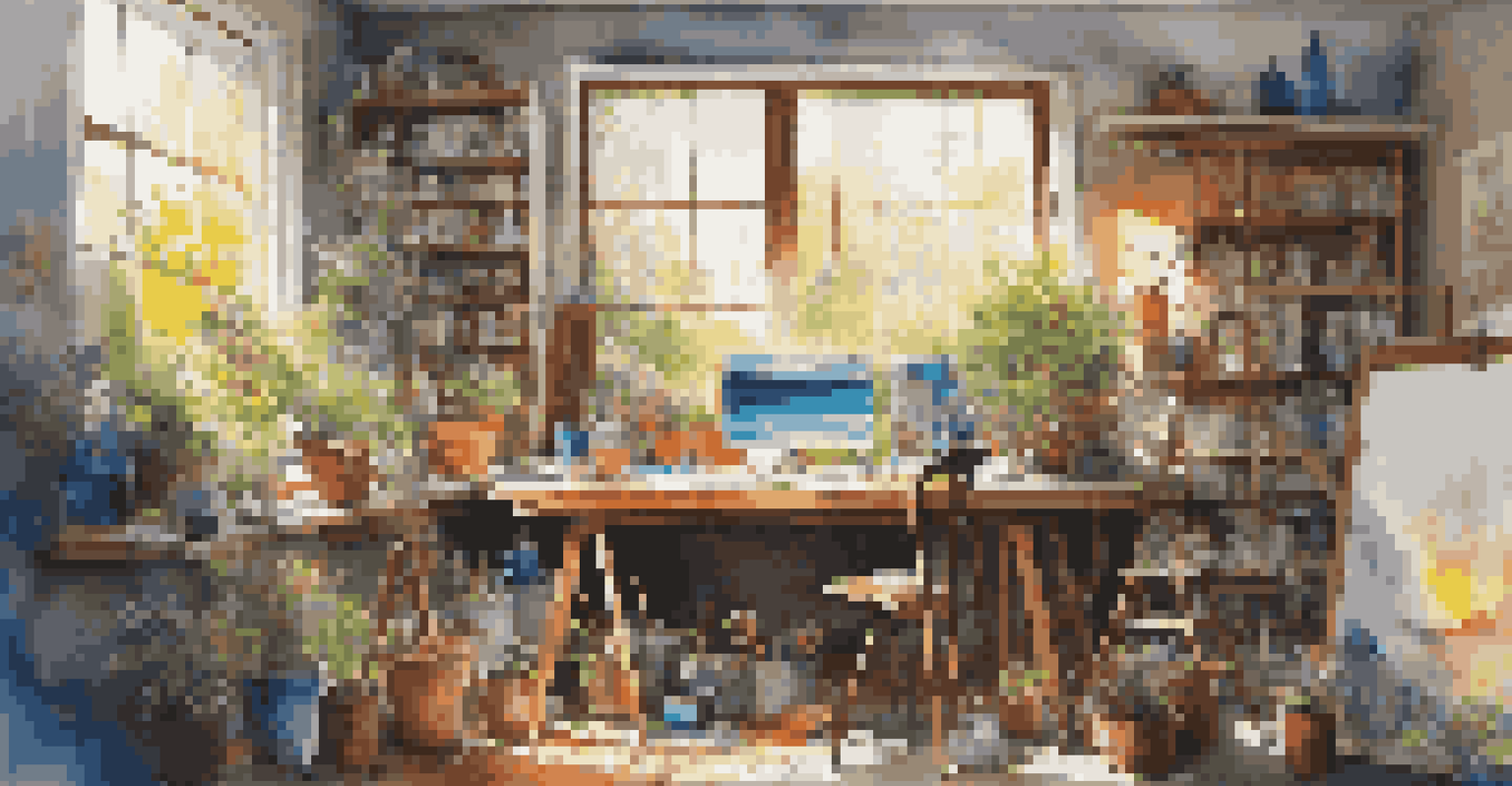 An artist's workspace with colorful paint, brushes, a large canvas, and sketches on the walls, illuminated by sunlight.