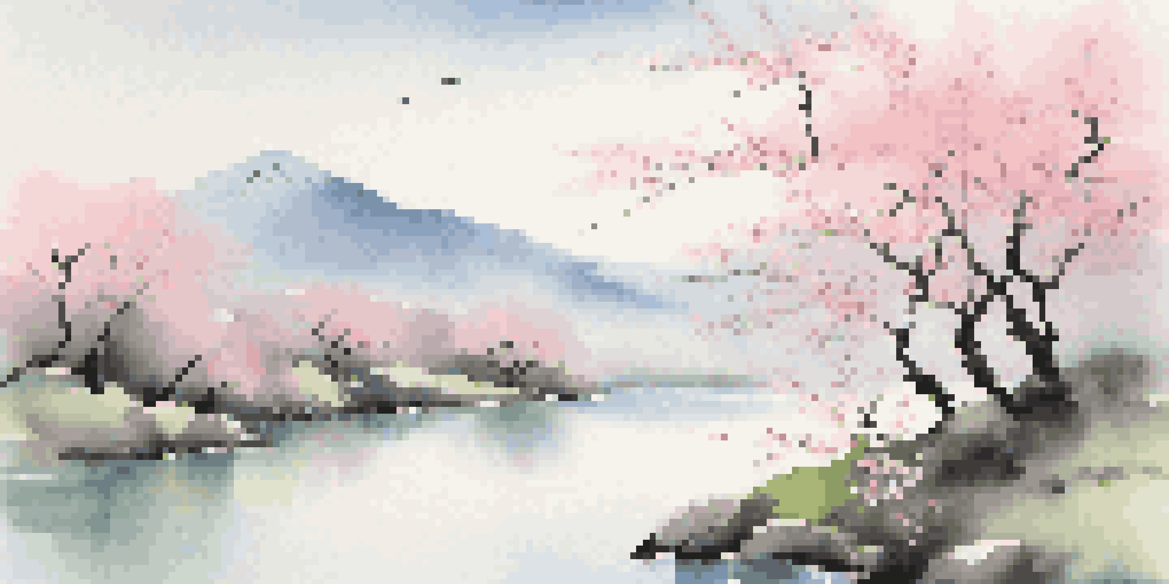 A tranquil Japanese landscape with cherry blossom trees, calm waters, and distant mountains, showcasing soft colors and smooth brushstrokes.