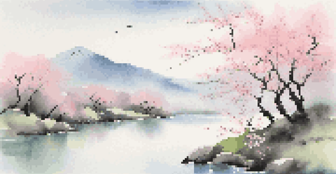 A tranquil Japanese landscape with cherry blossom trees, calm waters, and distant mountains, showcasing soft colors and smooth brushstrokes.
