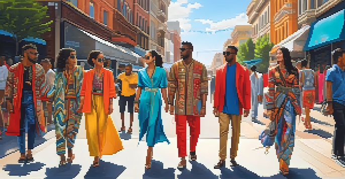 A lively street scene with models of diverse ethnicities wearing colorful, culturally inspired outfits against a backdrop of urban art and shops.