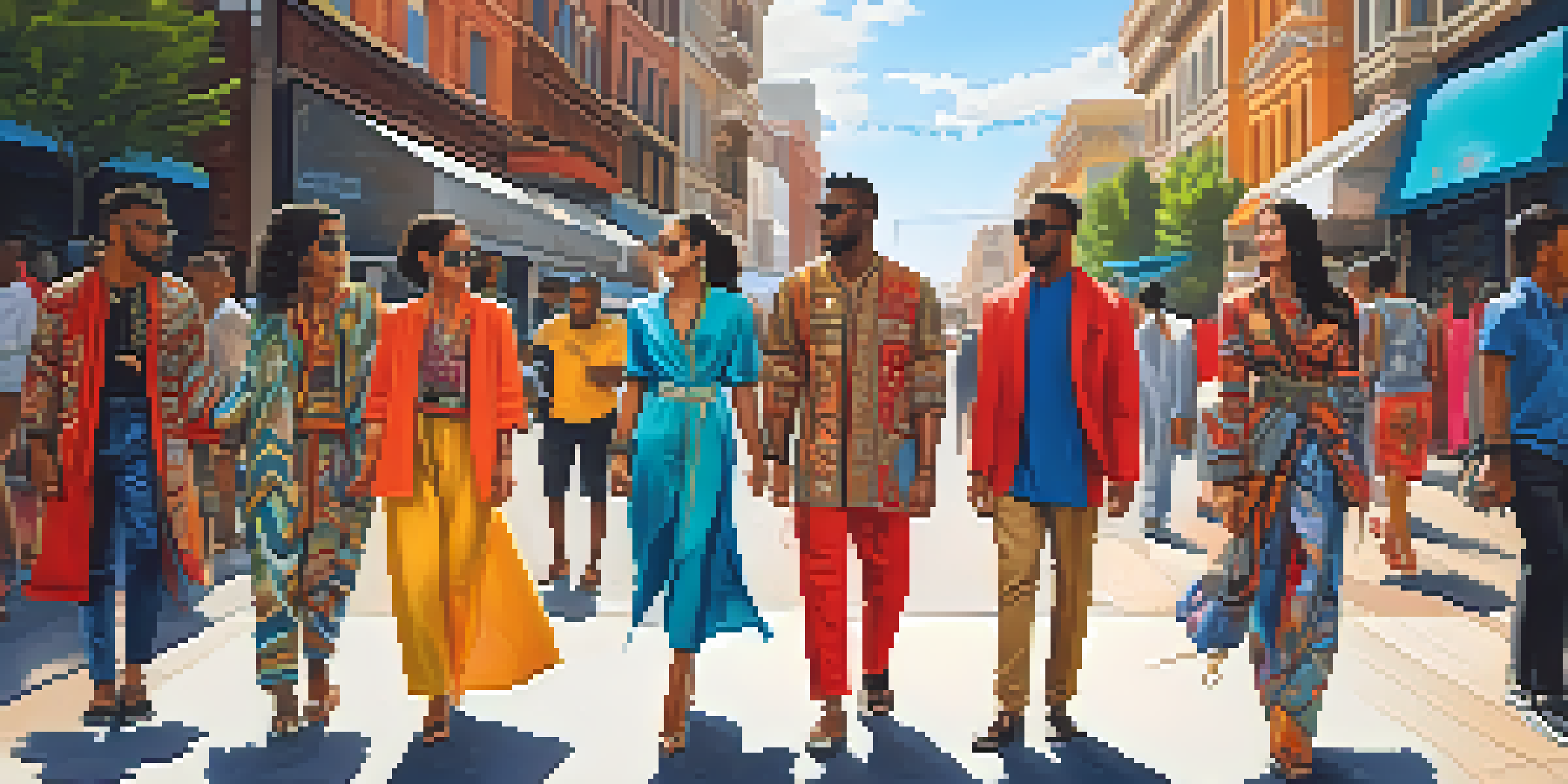 A lively street scene with models of diverse ethnicities wearing colorful, culturally inspired outfits against a backdrop of urban art and shops.