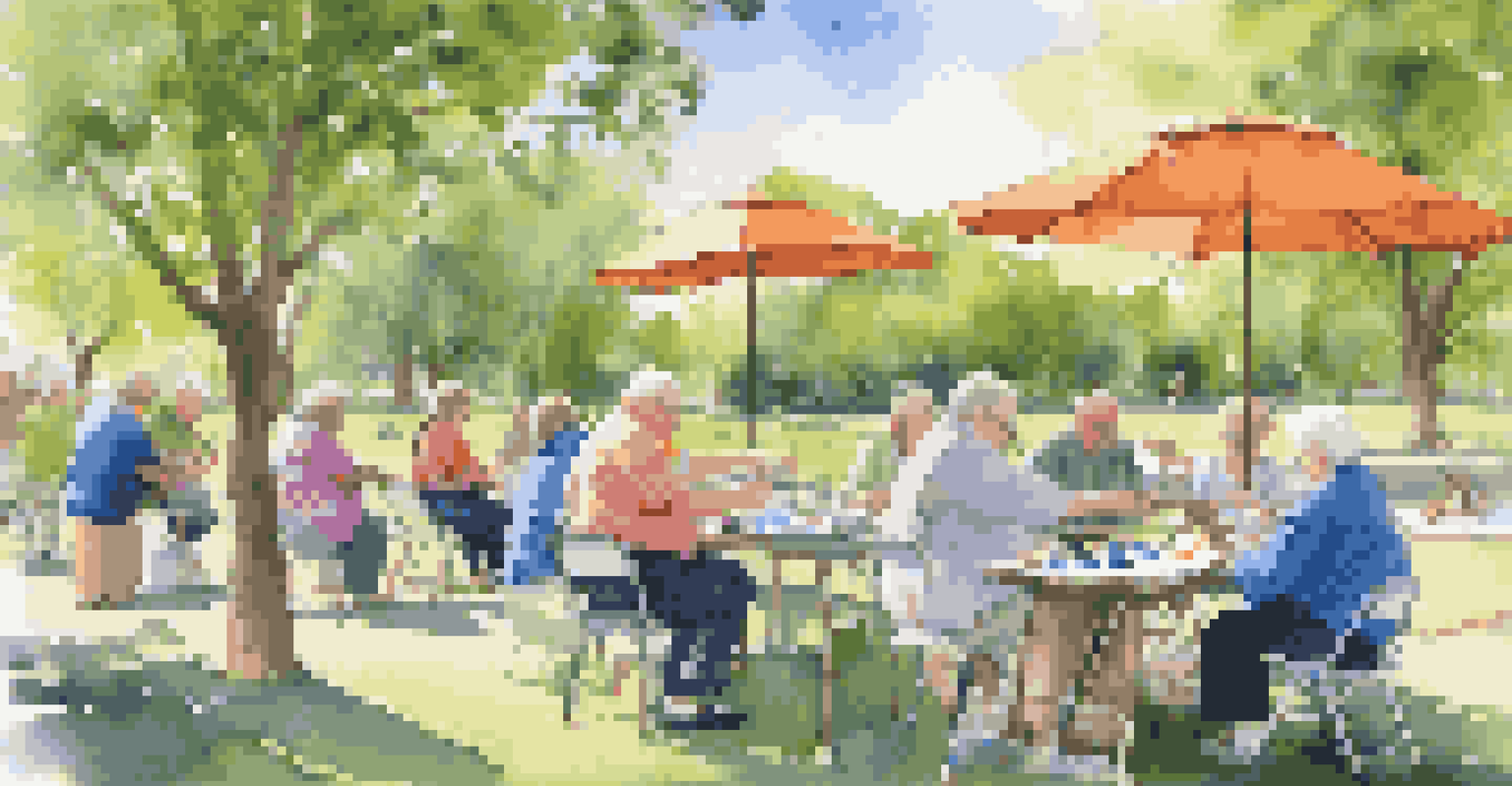 A group of older adults participating in an outdoor art class in a park, engaged in painting and sculpting with a lively atmosphere.
